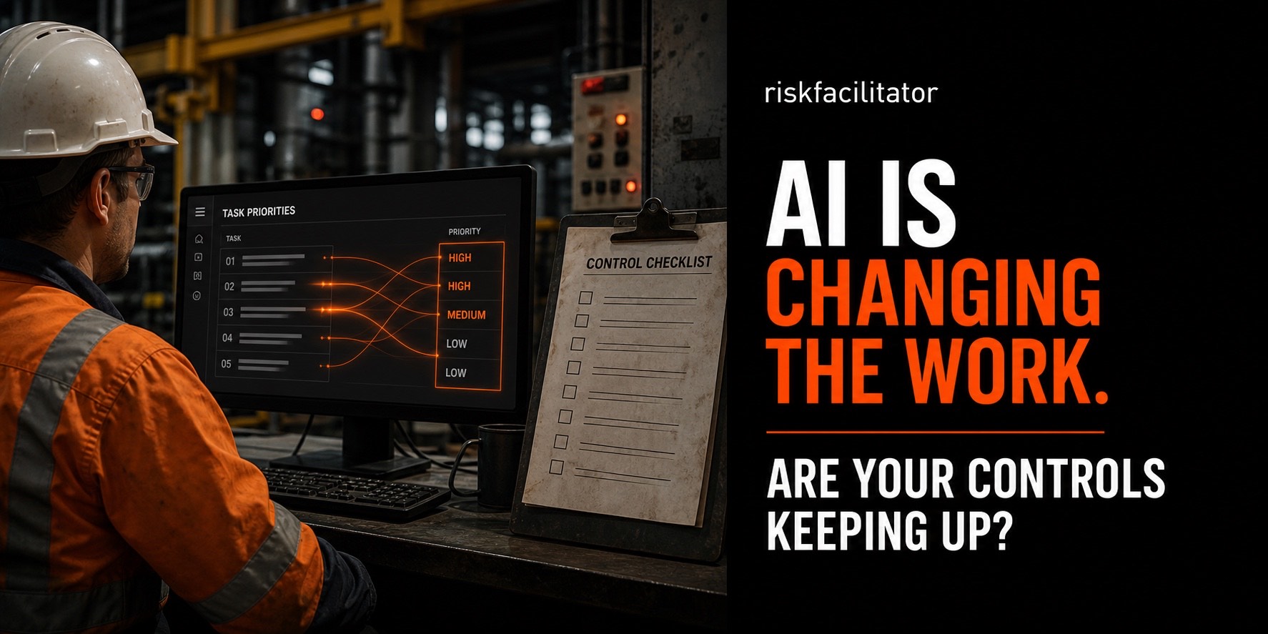 Industrial worker reviewing AI-generated task priorities beside a control checklist and the article title