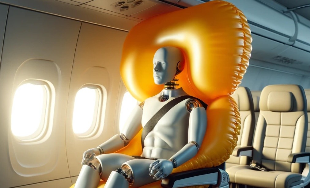Aircraft cabin safety illustration associated with passenger airbags