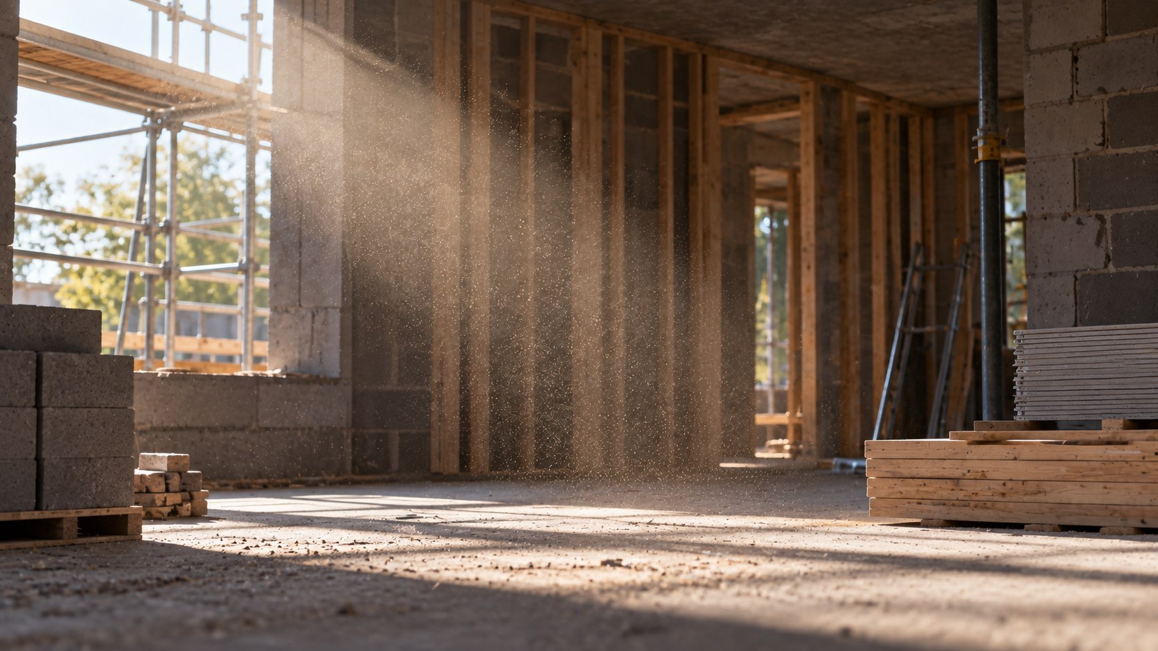 Sunlight reveals airborne dust inside a partly built structure with exposed framing and scaffolding.