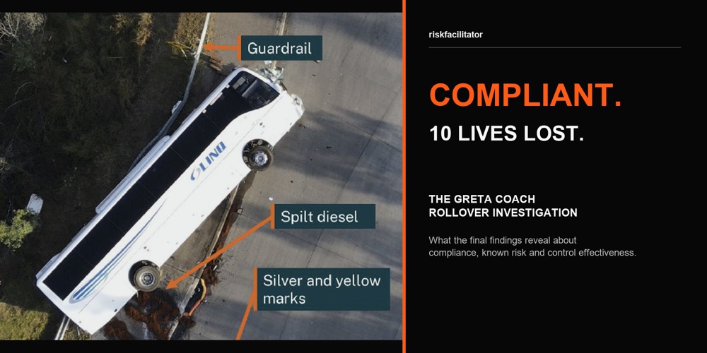 Annotated aerial image of the Greta coach rollover beside the words Compliant. 10 lives lost.