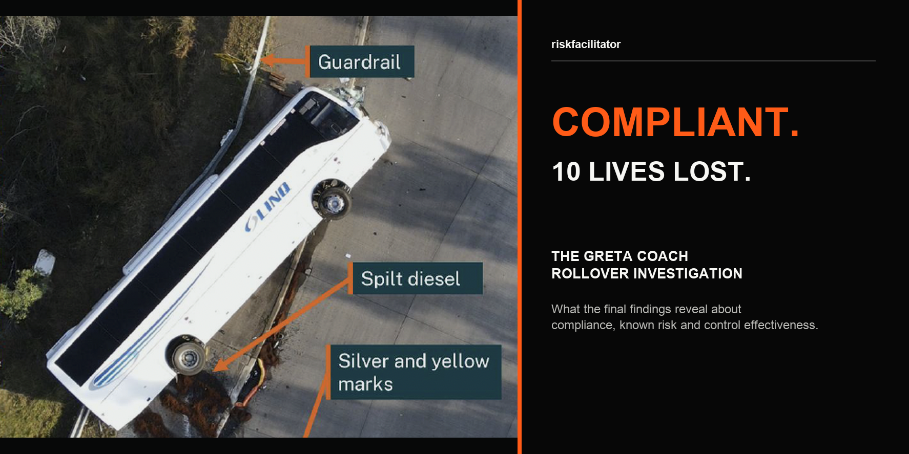 Annotated aerial image of the Greta coach rollover beside the words Compliant. 10 lives lost.