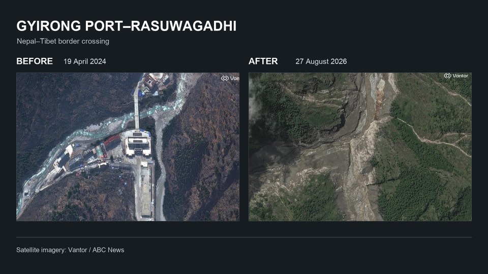 Before-and-after satellite imagery of Gyirong Port–Rasuwagadhi. Satellite imagery: Vantor / ABC News.