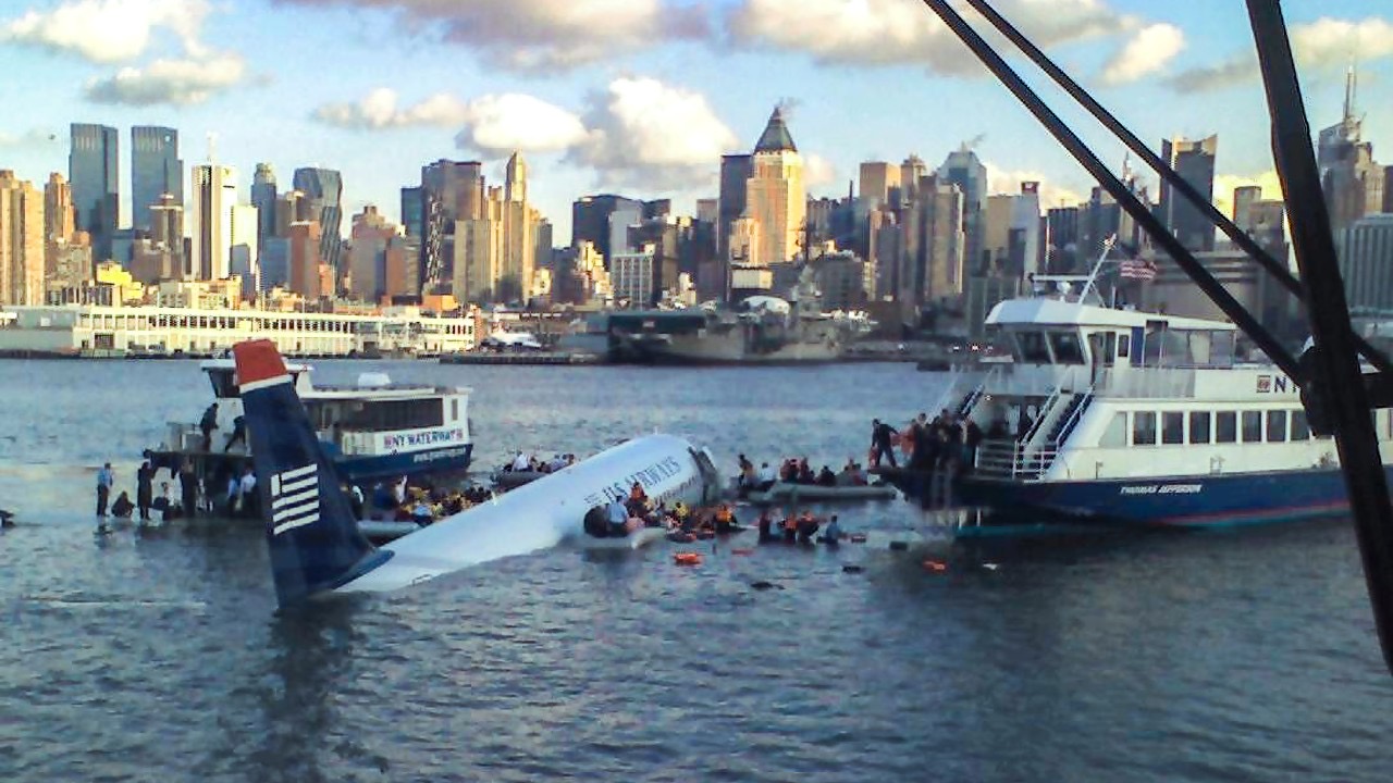 US Airways Flight 1549 in the Hudson River after its emergency landing
