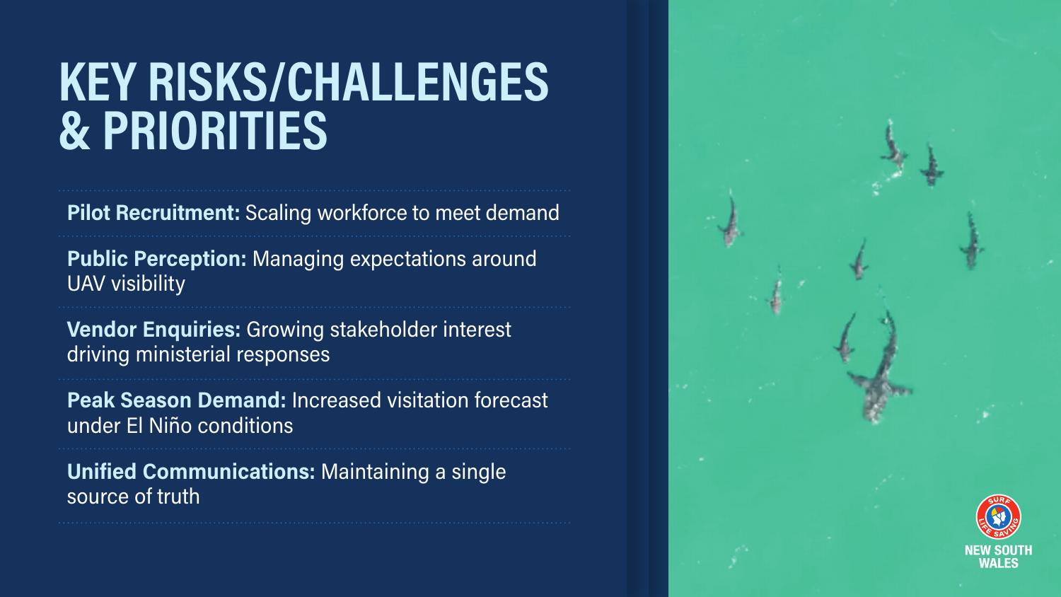 Surf Life Saving NSW slide listing key risks and priorities, including public perception and vendor enquiries driving ministerial responses