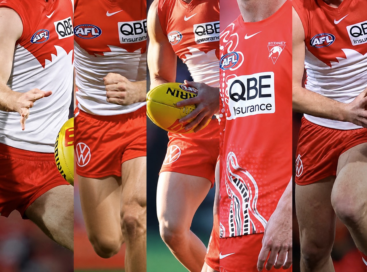Five-panel composite of anonymous Sydney Swans players in red and white football uniforms