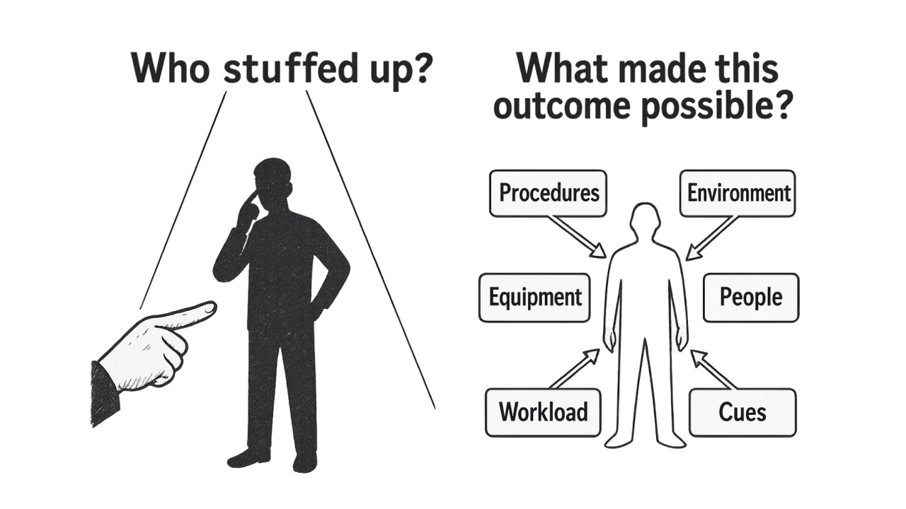 Diagram comparing blame with a systems approach to accountability